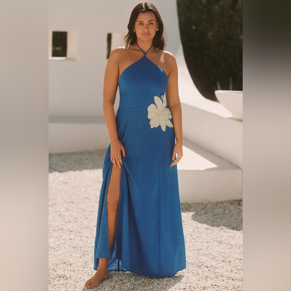 NWT! Anthropologie Celandine Linen-Blend Halter Side-Slit Maxi Dress - Small ☁️ - Picture 5 of 15